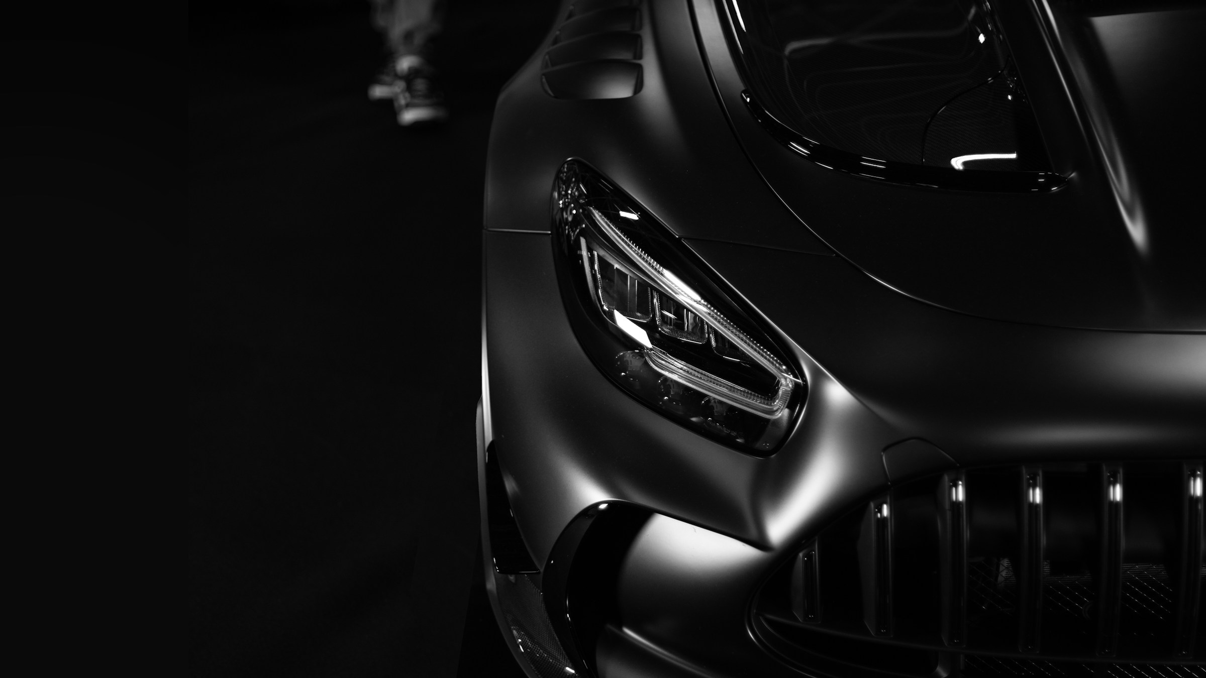 Close-up of a performance car's front headlight